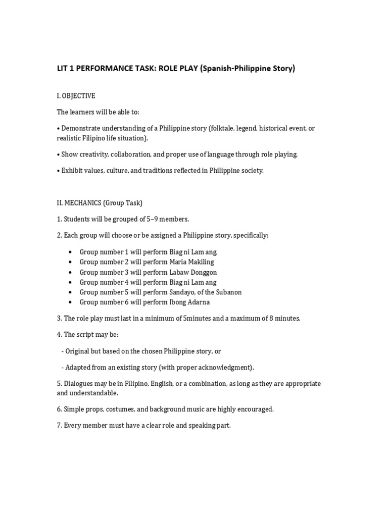 LIT1-Role Play Performance Task Philippine Story | PDF | Learning ...