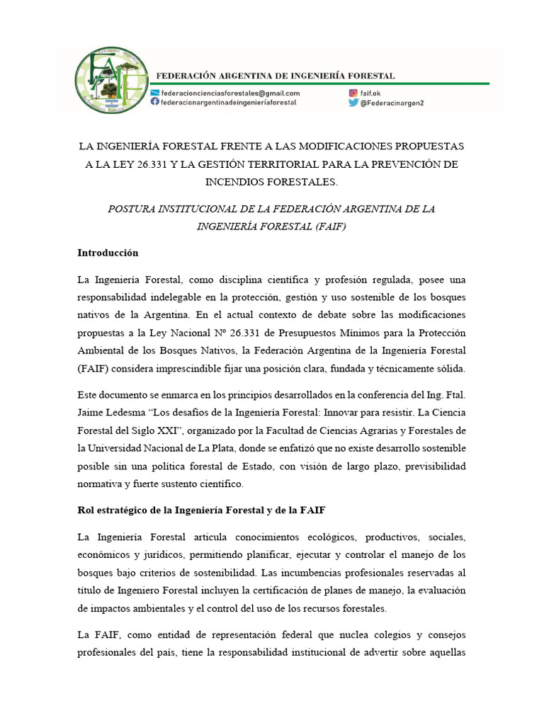 Comunicado Faif Ley26331 V2 | PDF | Los bosques | Sustentabilidad