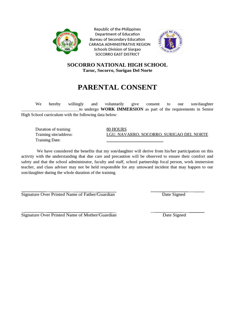 Parental Consent For Work Immersion Only | PDF