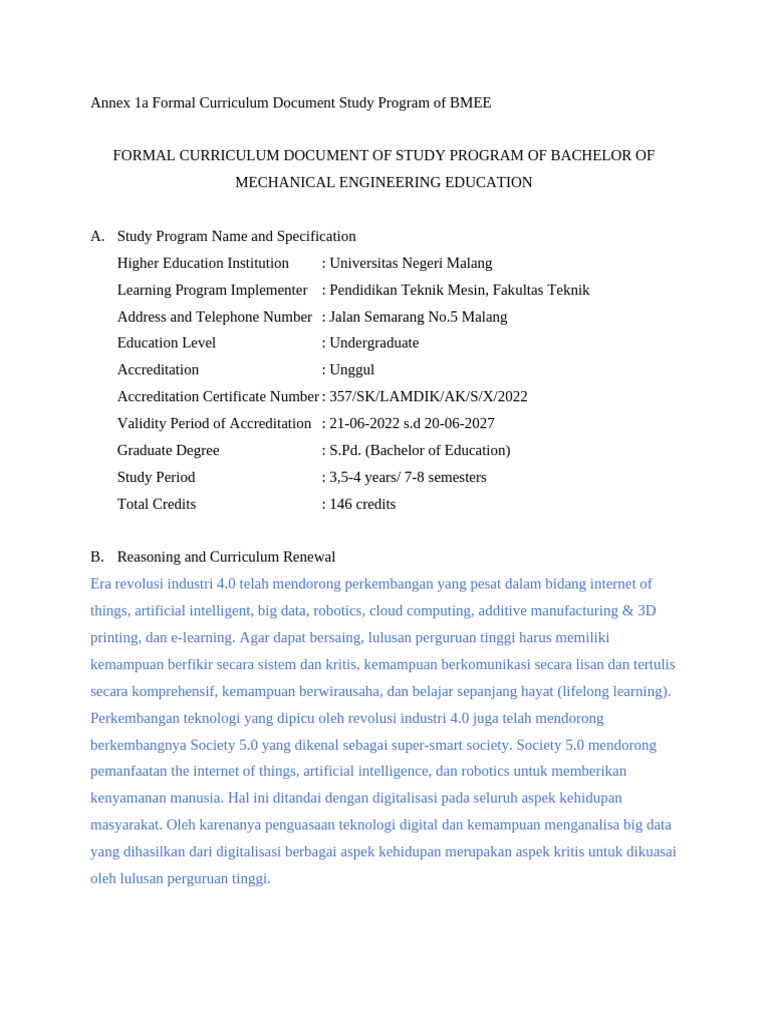 Annex 1a Formal Curriculum Document Study Program of BPMEE | PDF