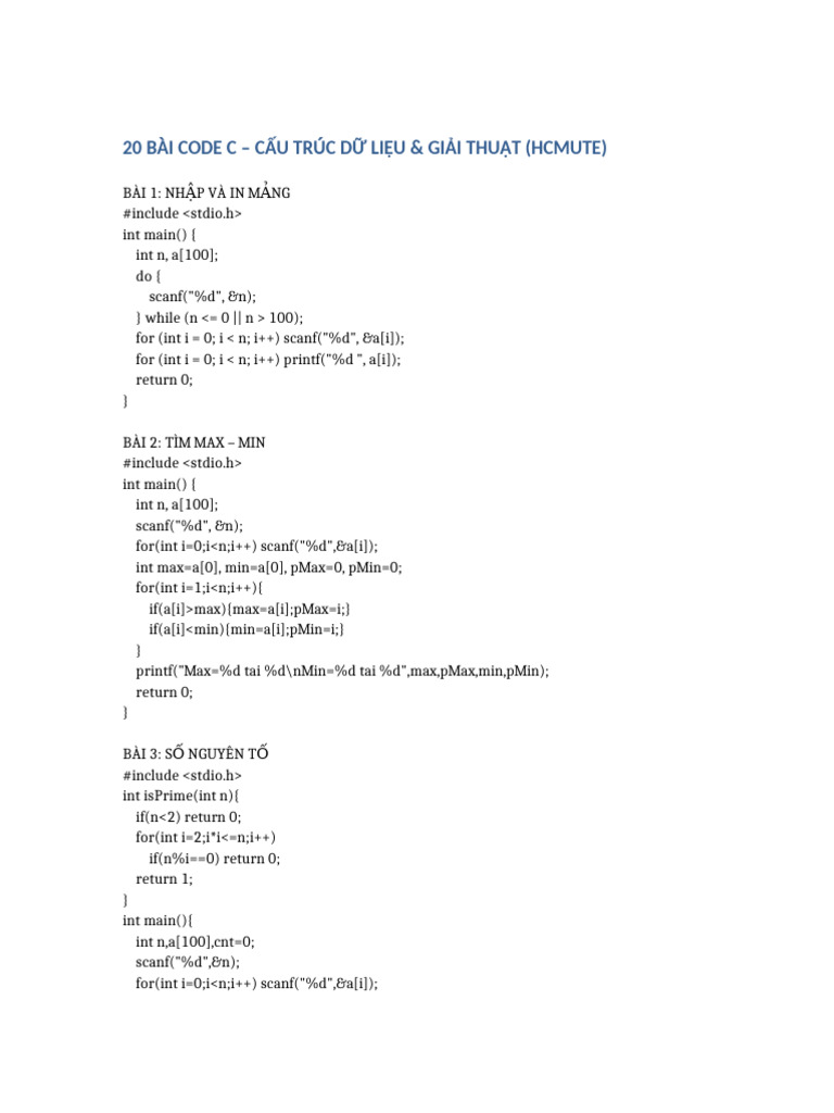20 Bai Code C Full HCMUTE | PDF | Computer Science | Computer Engineering