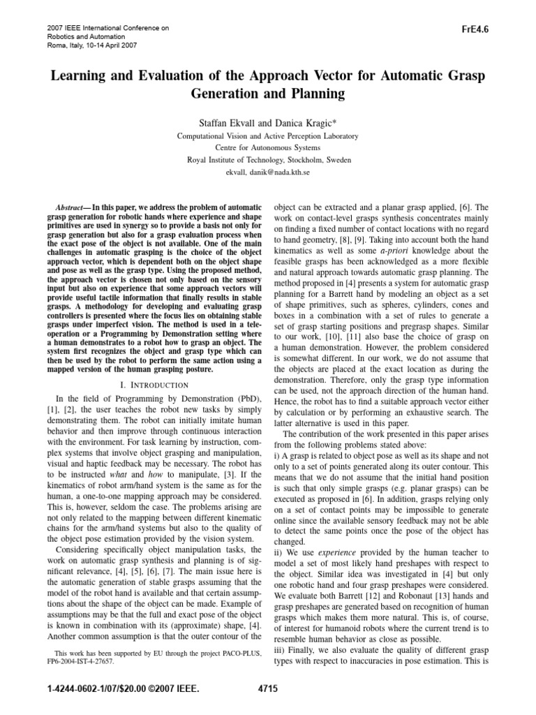 Learning and Evaluation of The Approach Vector For Automatic Grasp ...