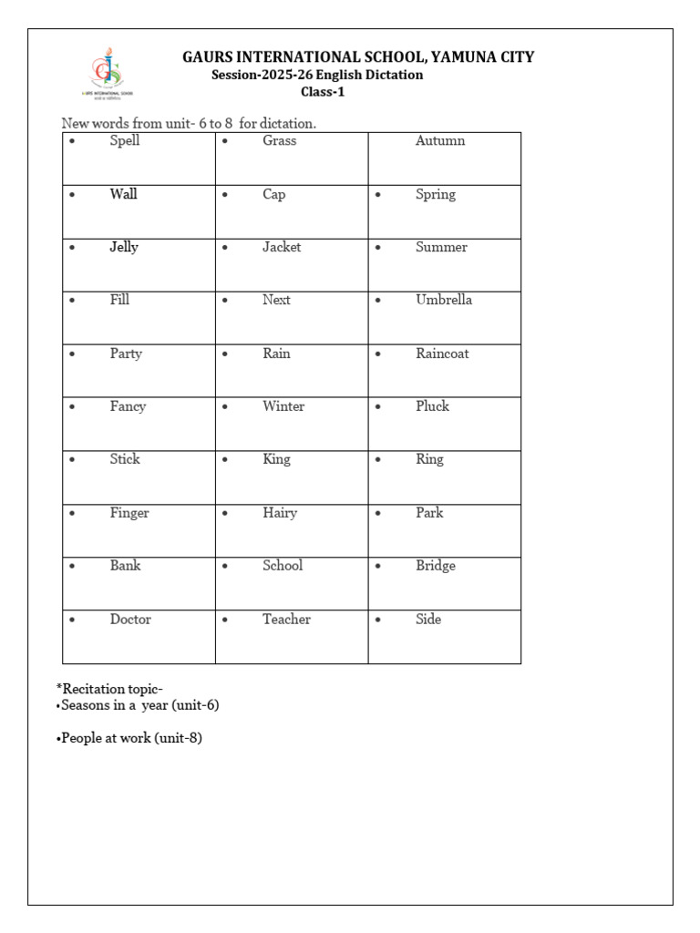 Dictation Words Class1 | PDF