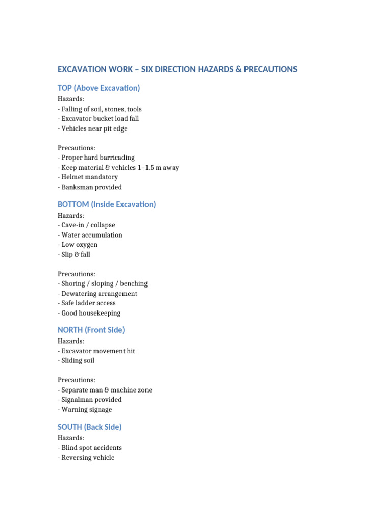 Excavation Work Six Direction Hazards Precautions-1 | PDF