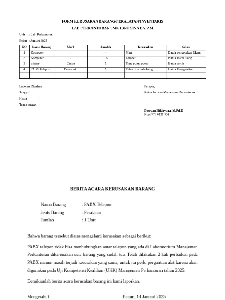 Form Kerusakan Barang | PDF