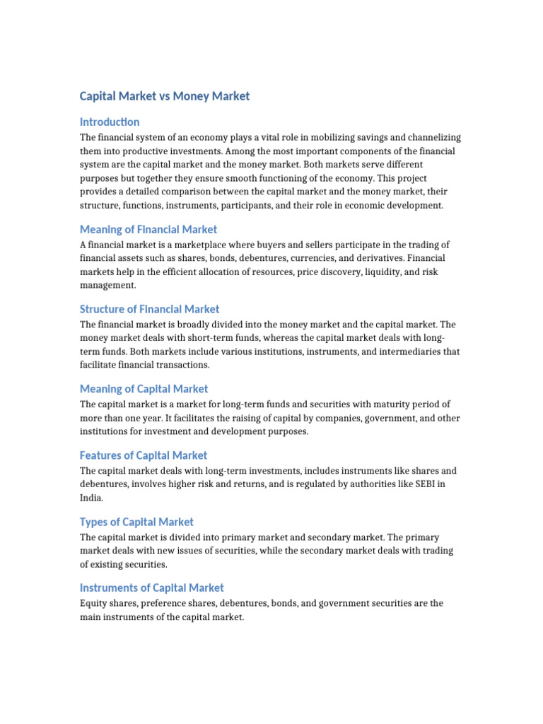 Capital Market Vs Money Market Project | PDF | Money Market | Capital ...