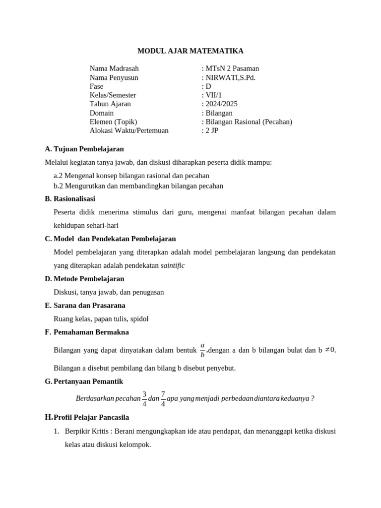 Modul Ajar Matematika Pecahan | PDF