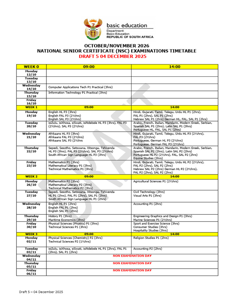 E130.2025 Oct-Nov 2026 NSC Timetable DRAFT | PDF | Languages | Foreign ...