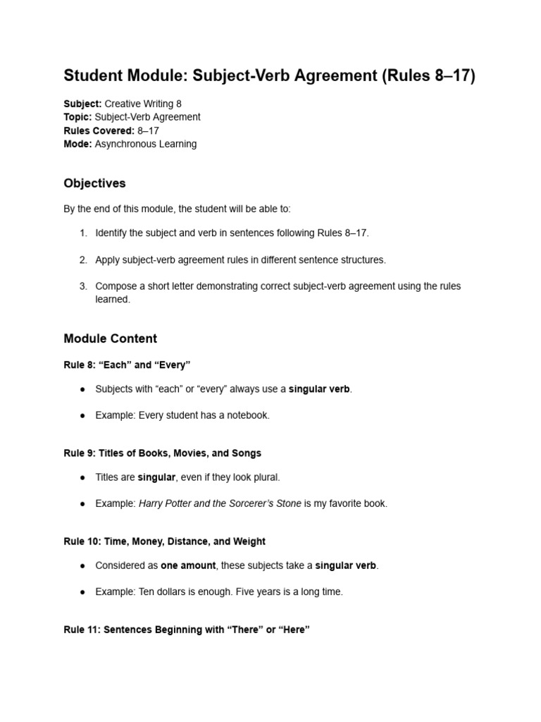 Student Module_ Subject-Verb Agreement (Rules 8–17) | PDF | Subject ...