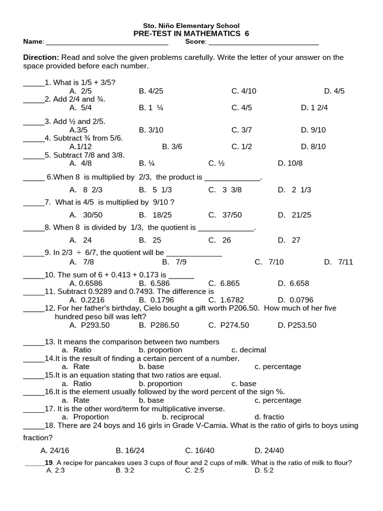 Pre-Test - Mathematics 6 | PDF | Triangle | Length