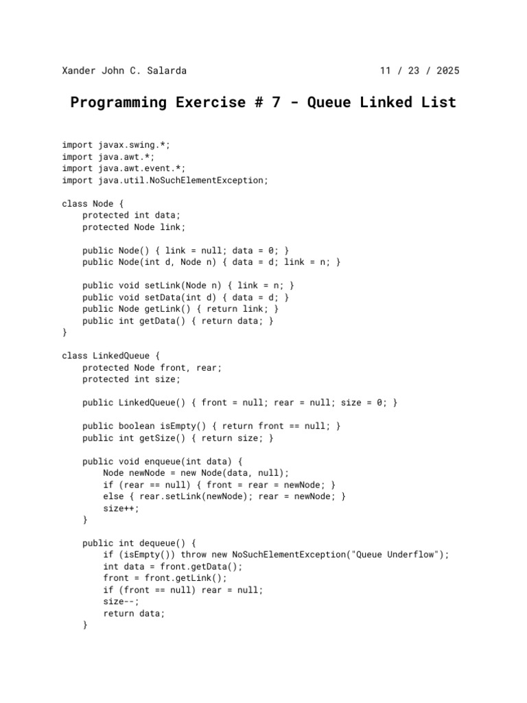 Programming Exercise # 7 - Queue Linked List | PDF | Queue (Abstract ...