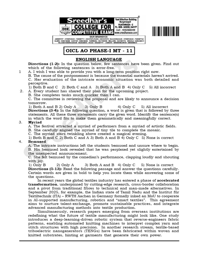 Model Test 11 | PDF | Textiles | Textile Manufacturing