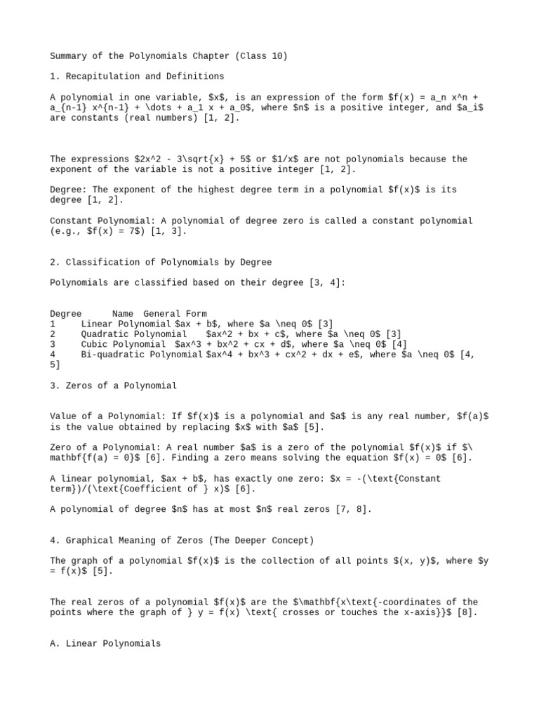 Polynomials Notes (Class10) | PDF | Polynomial | Quadratic Equation
