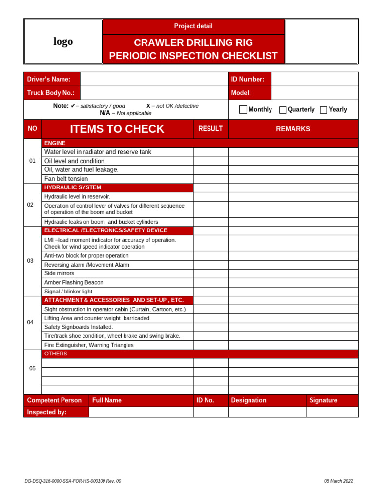 Crawler Drilling Rig Periodic Inspection Checklist | PDF