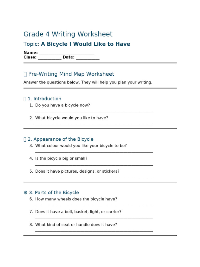Grade 4 Writing Worksheet_ a Bicycle I Would Like to Have | PDF