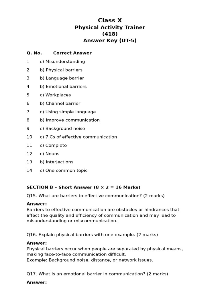 Grade-10 UT-5 PAT Answer Key | PDF
