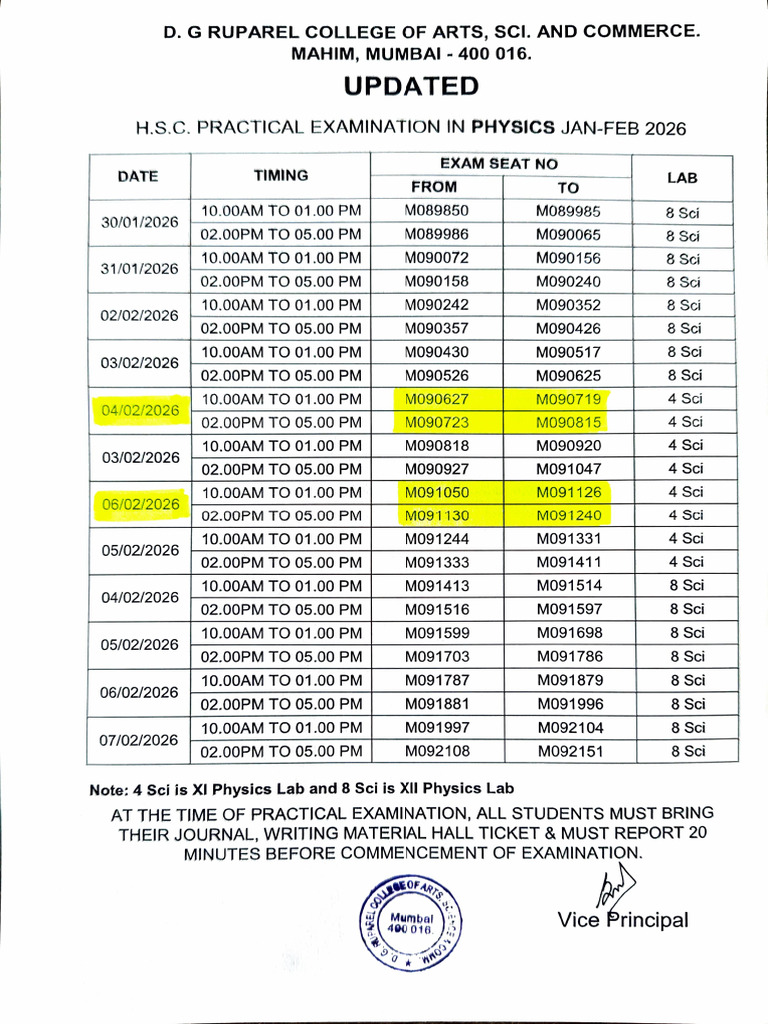 HSC Updated Physics Practical Timetable 2026 | PDF | Pakistan | Adolescence