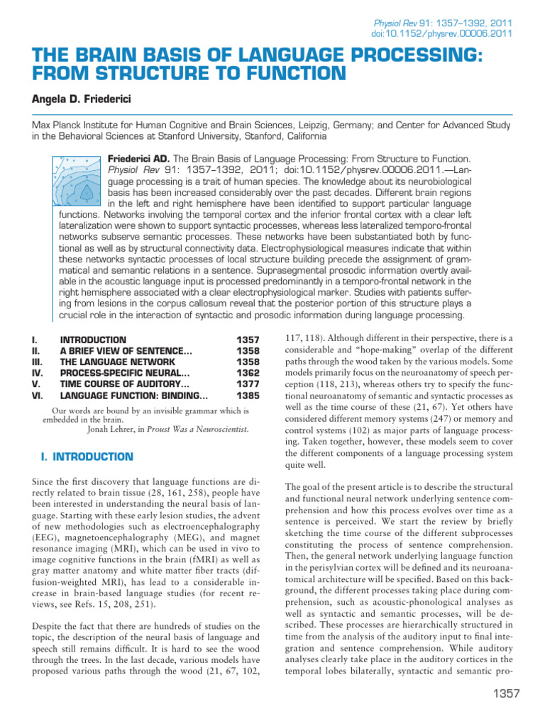 Friederici 2011 the Brain Basis of Language Processing From Structure ...