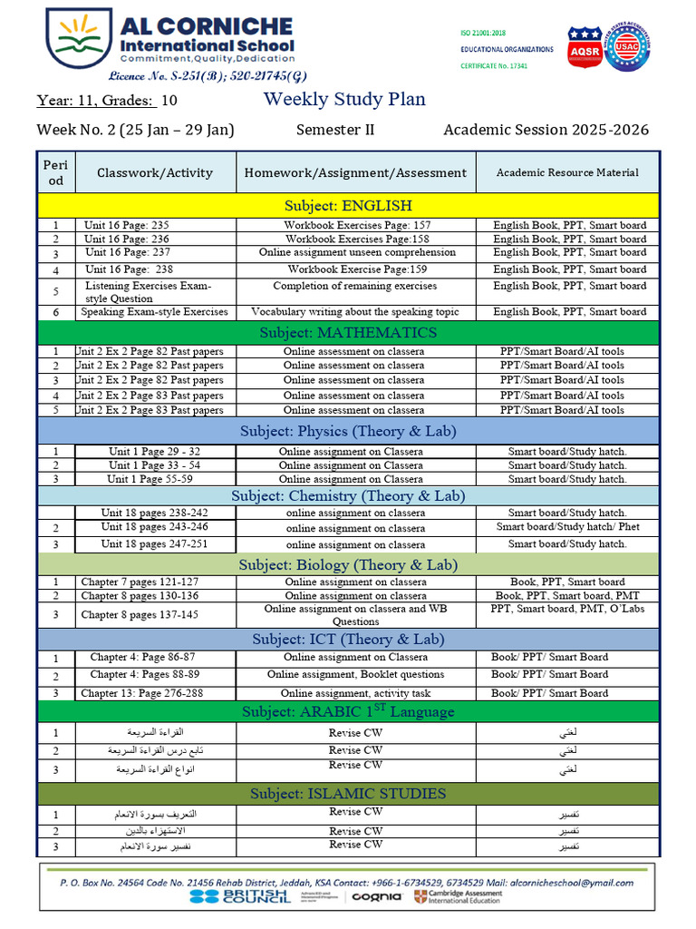 Grade 10 Week 2 Study Plan Semester II 2025-2026 | PDF