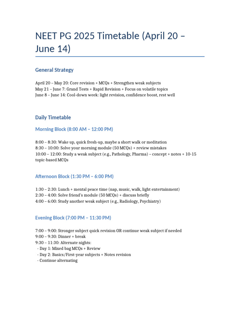 NEET PG 2025 Timetable | PDF