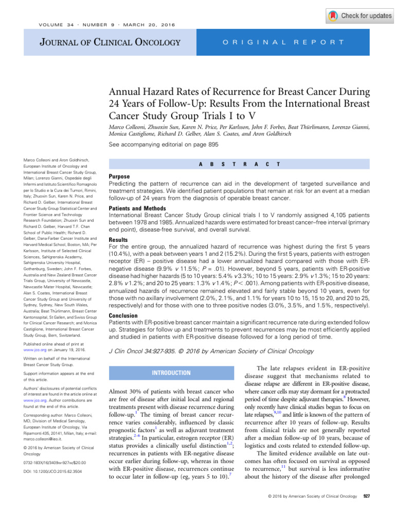 Annual Hazard Rates of Recurrence For Breast Cancer During 24 Years of ...