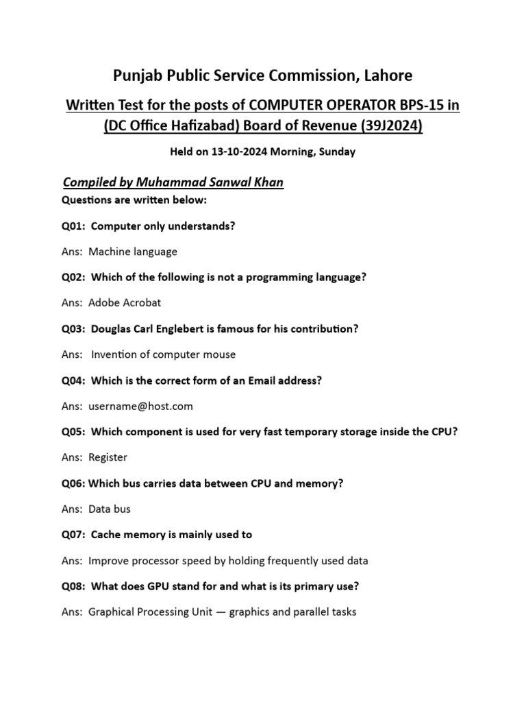 Past Paper Computer Operator BPS-15 DC Office Hafizabad | PDF | Central ...
