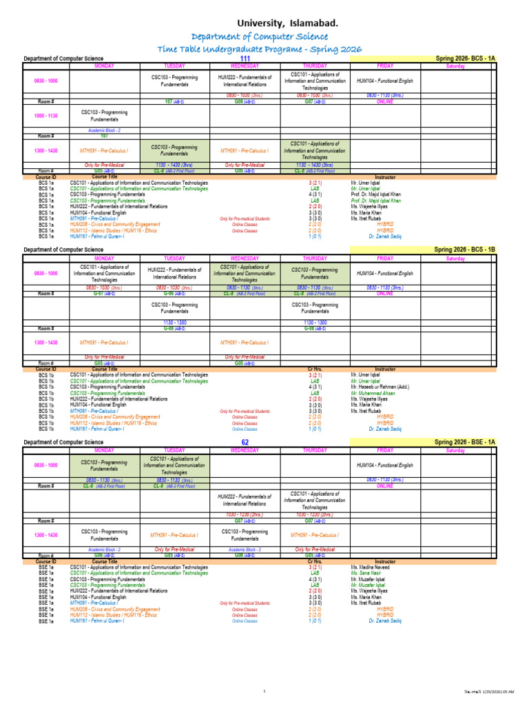 4 - Computer Science - Time Table - Spring 2026 | PDF | Computing