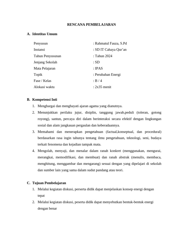 RPP IPAS Kelas 4 Perubahan Energi | PDF