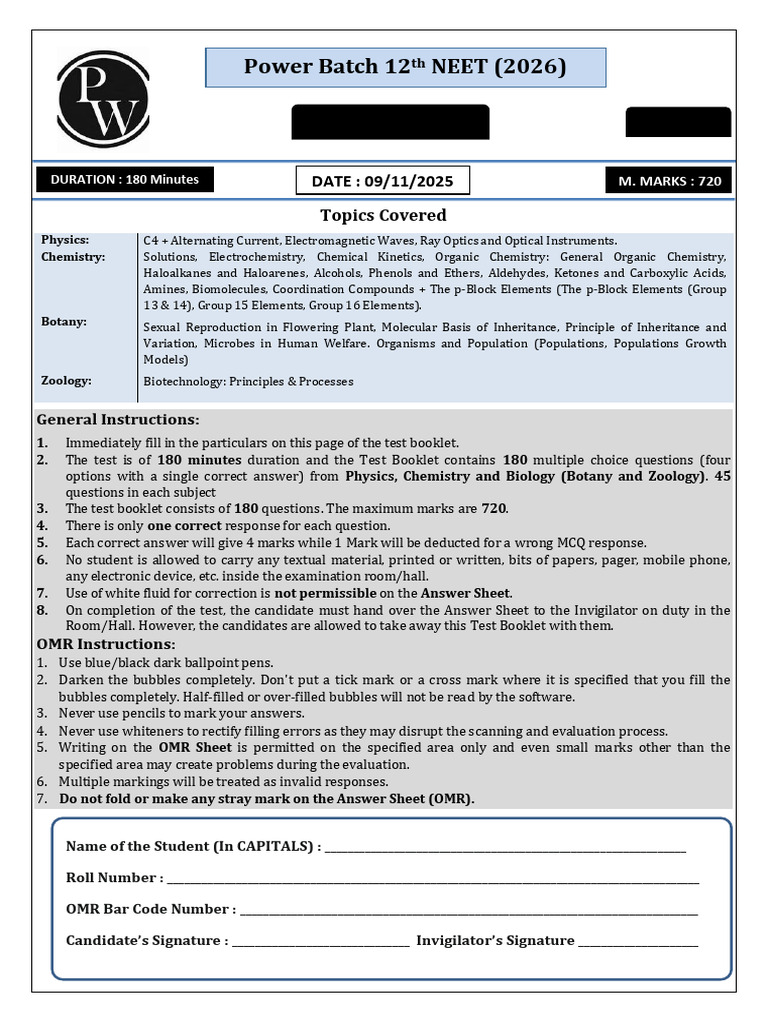 Cumulative-5 - Power Batch 12th NEET (2026) - 09-11-2025 - Questions ...