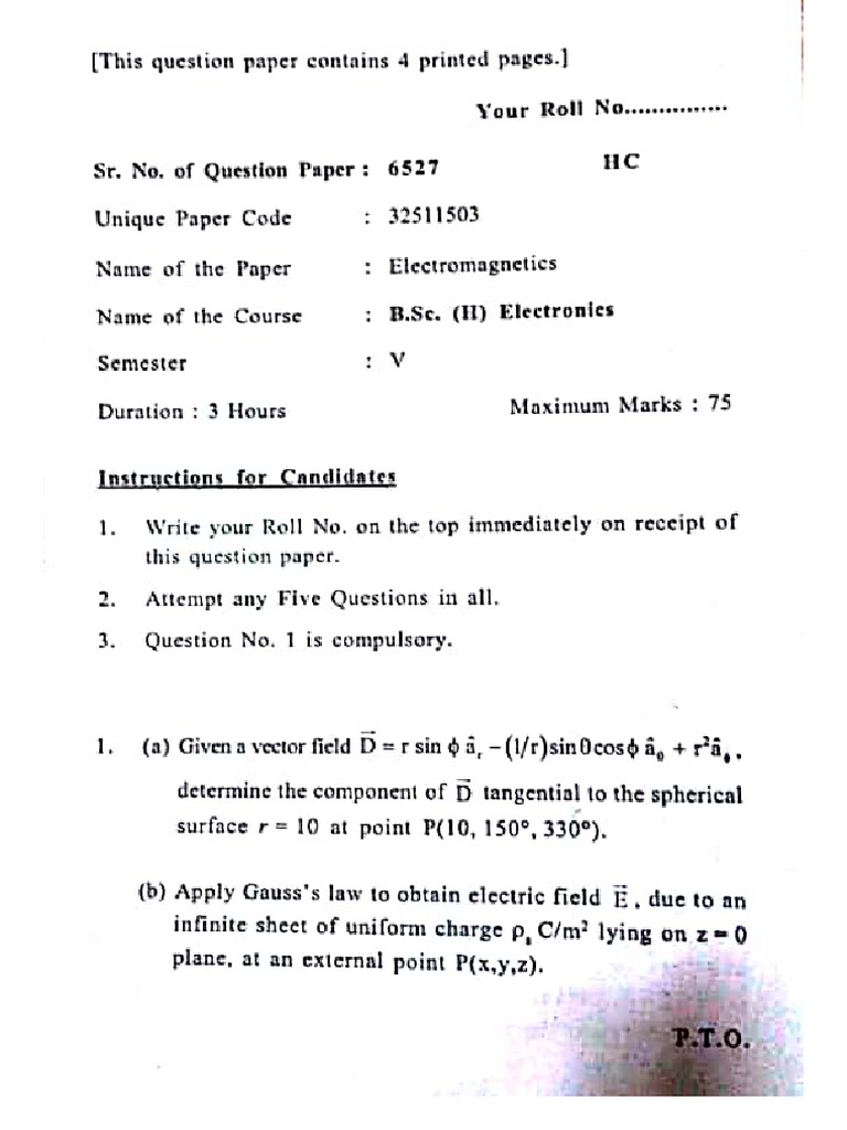 2017 PYQ Paper - Electromagnetics PYQ Paper for Sem v Uploaded by ...