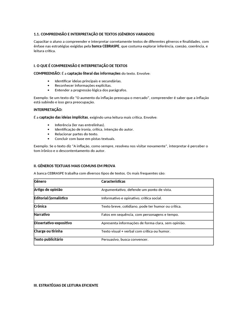 1.1. Compreensão e Interpretação de Textos - Textos de Gêneros Variados ...