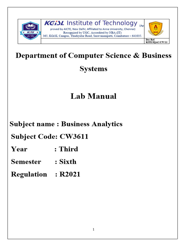 CW3611 - BA Lab Manual | PDF | Engineering | Analytics