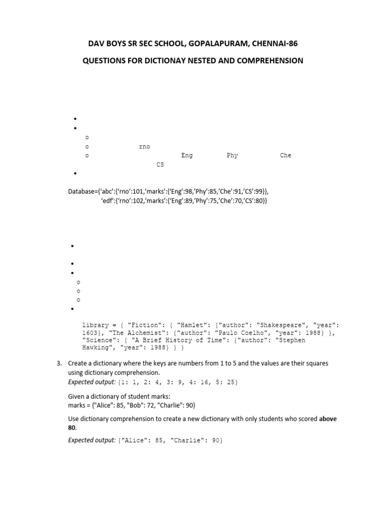 Dictionay Questions for Nested and Comprehension | PDF | Software ...