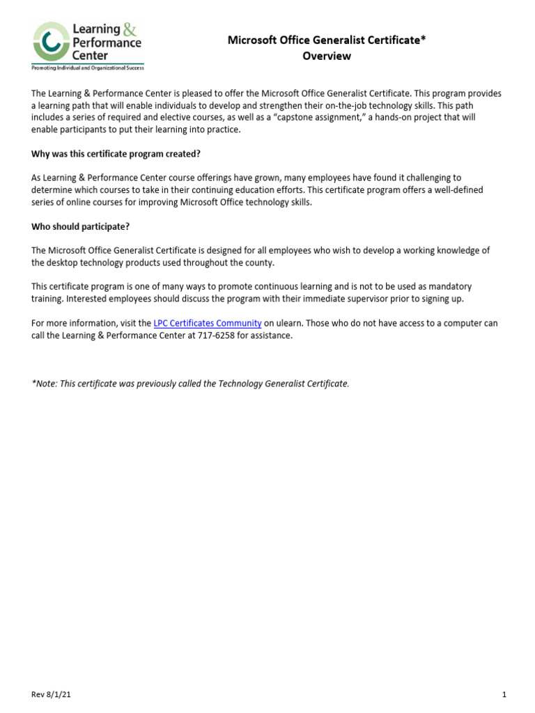 Microsoft Office Generalist Certificate Instructions and Forms FY22 ...