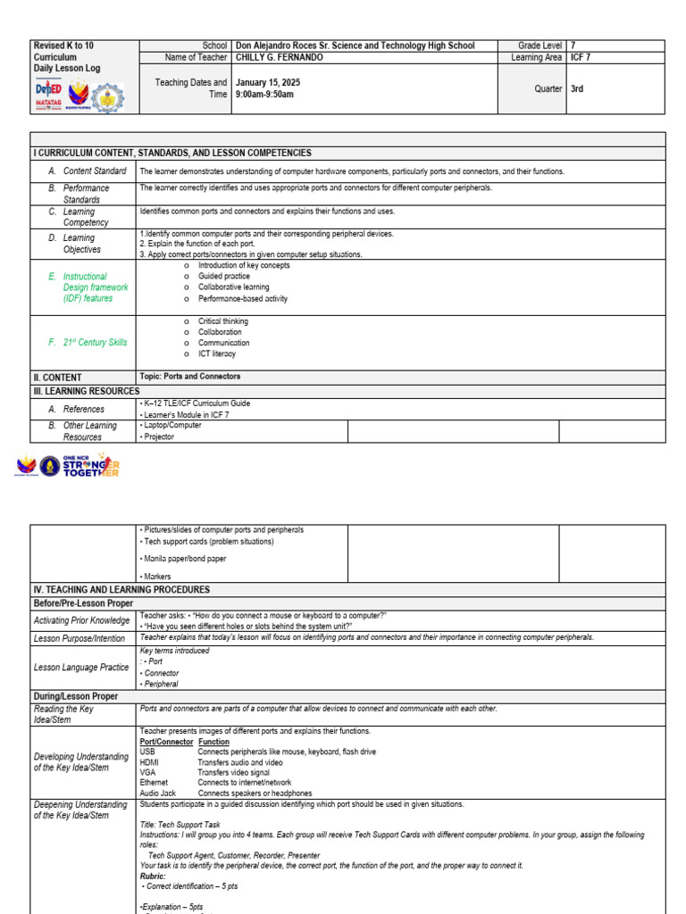ICF 7-DLL TEMPLATE 2025-2026-CO - Topic-Ports and Peripherals | PDF ...