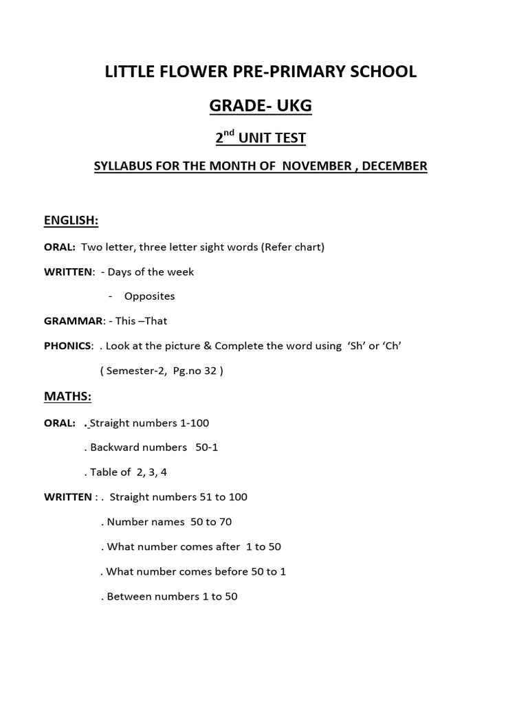 LITTLE FLOWER 2nd Unit Test Portion UKG 2025 | PDF