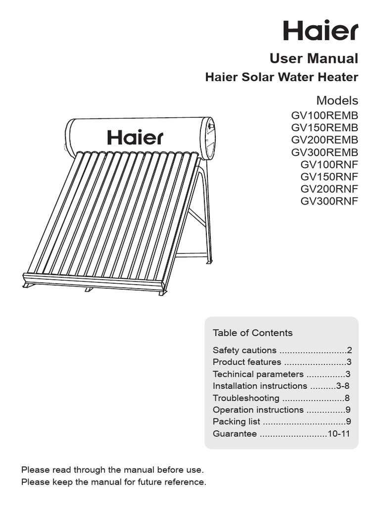 Haier Solar Water Heater Manual | PDF | Water Heating | Valve