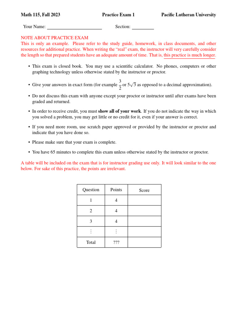 Math 115 Practice Exam 1 - Fall 2023 - 2 | PDF | Mathematics