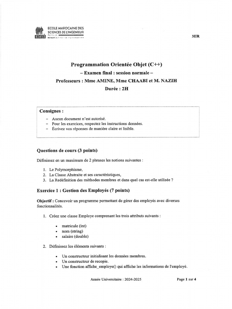Examen Poo (C++) 3iir de s1 2025 | PDF