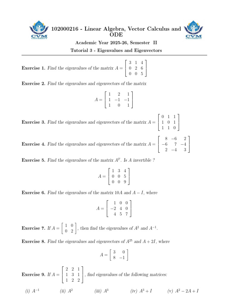 Tutorial 3 - Eigenval Vec 1 | PDF | Eigenvalues And Eigenvectors ...