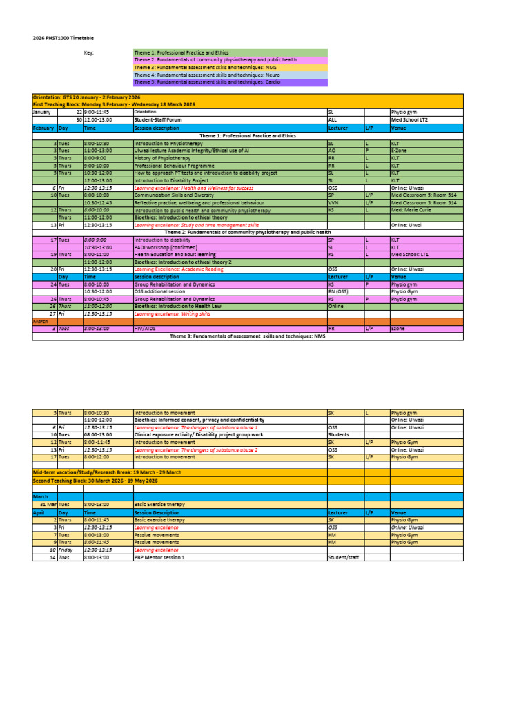 2026 PHST1000 Timetable Final | PDF | Physical Therapy