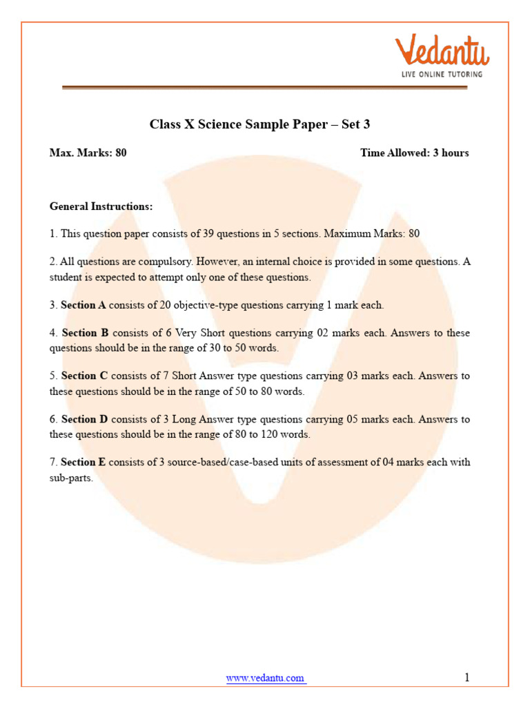 CBSE Class 10 Science Sample Paper Set 3 With Detailed Solutions (2025 ...
