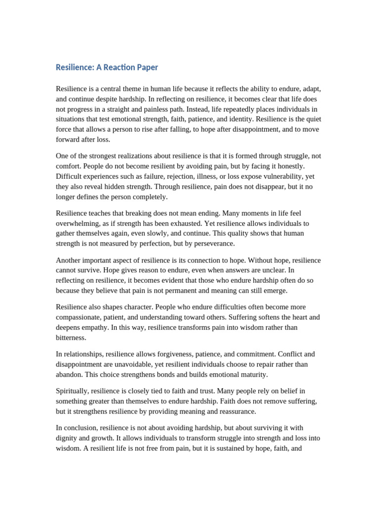 Resilience Reaction Paper | PDF | Psychological Resilience | Faith
