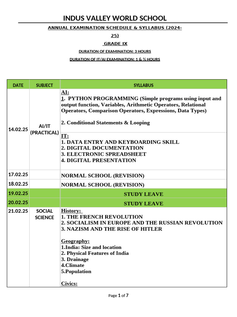 Annual Exam Date Sheet and Syllabus Grade 9 (2024-25) | PDF | Geometry ...