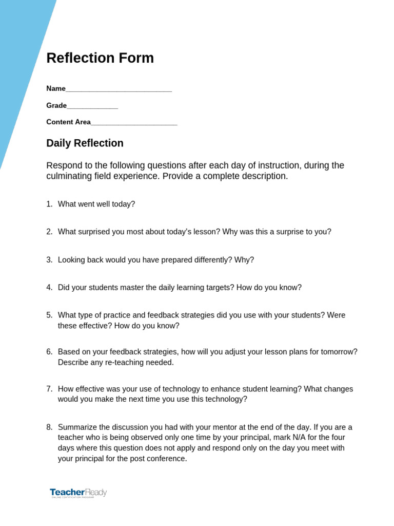 Reflection Form (Daily Reflection) 3 | PDF