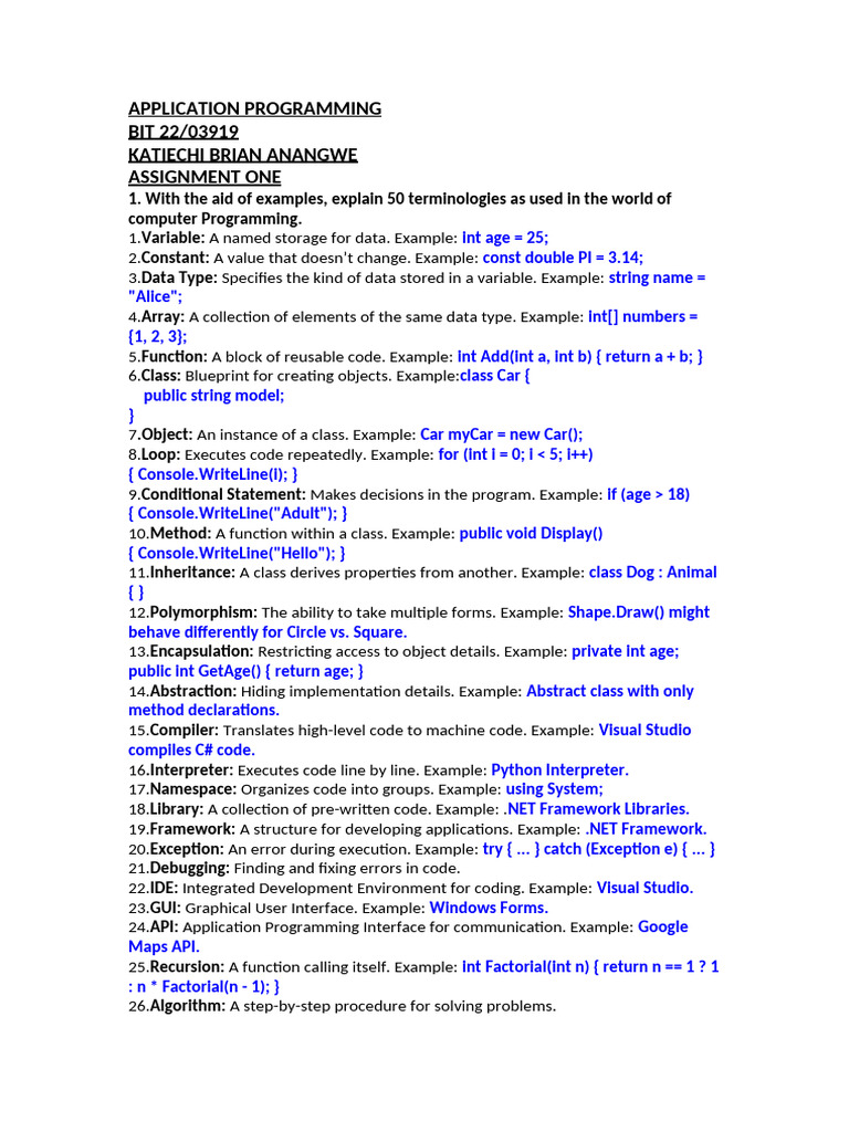 APPLICATION PROGRAMMING KATIECHI BRIAN ANANGWE 2203919 ASS1 | PDF ...