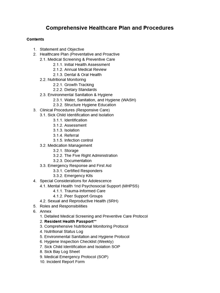 Contents for Comprehensive Healthcare Plan and Procedures | PDF ...