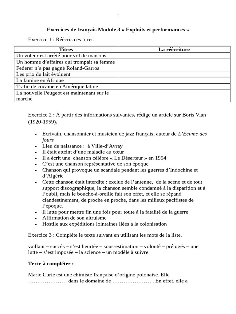 Exercices de Français Module 3 | PDF