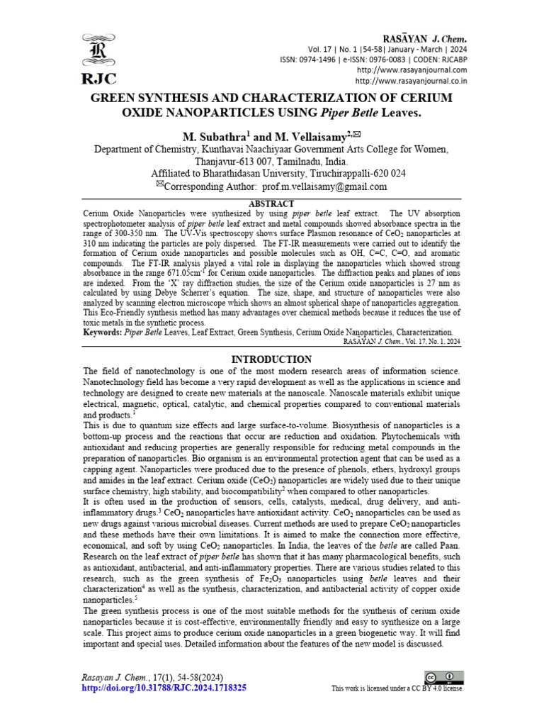 Green Synthesis and Characterization of Cerium Oxi | PDF | Nanoparticle ...