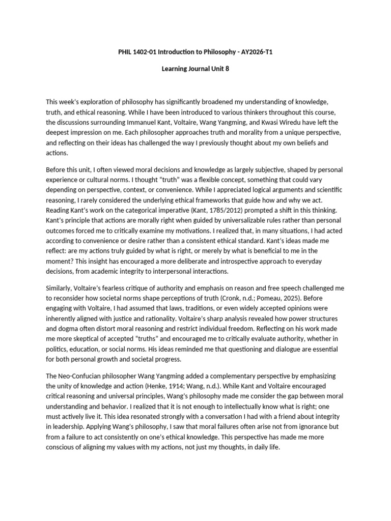 PHIL 1402-01 Introduction to Philosophy - AY2026-T1 LJ8 | PDF | Immanuel Kant | Knowledge